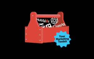 A toolbox with logos of marketing tools popping out.