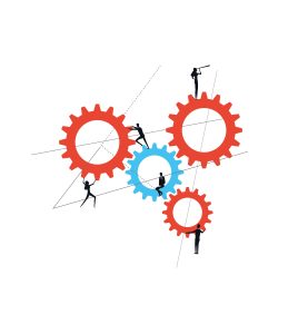 An illustration of people and gears