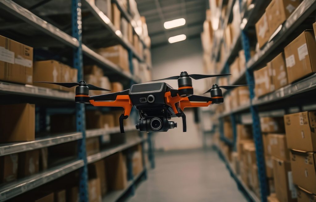 A drone flying in a warehouse