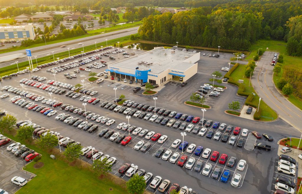 An aerial view of an automotive dealership