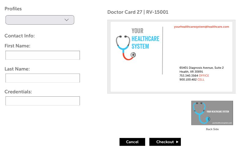 Product mockup showing a variable business card with fill-in fields for users to edit their first name, last name, and credentials.